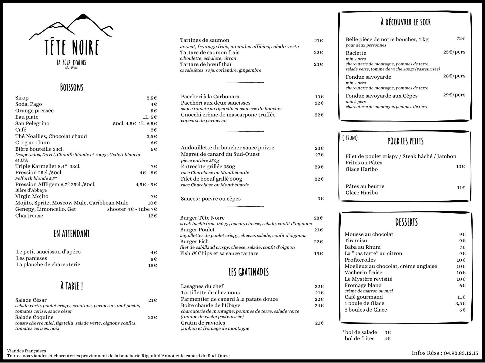 Carte restaurant tête noire